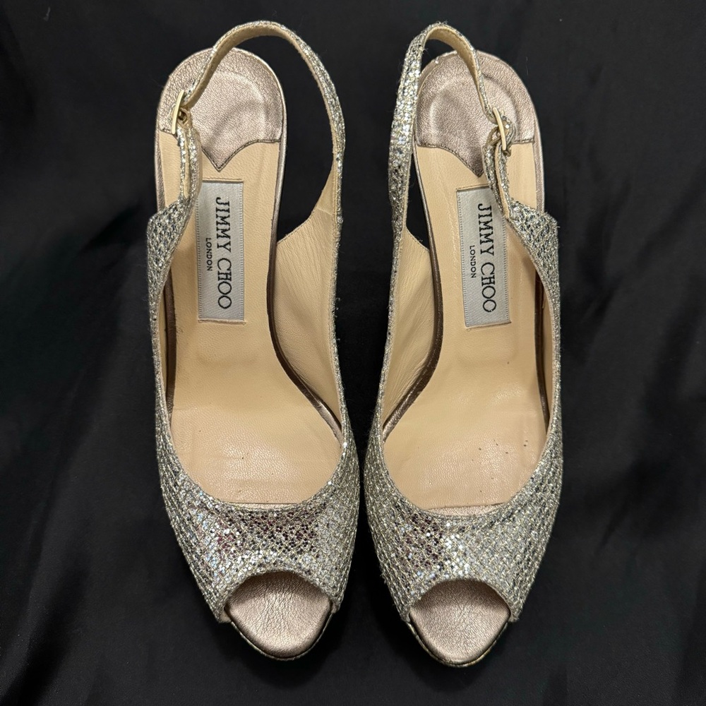 Authentic Jimmy Choo Nova Champagne Glittery Peep Toe Slingbacks w/ Original Box - Picture 10 of 16